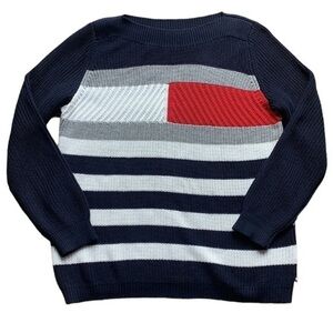 Y2K Tommy Hilfiger Logo Striped Ribbed Boatneck Sweater
